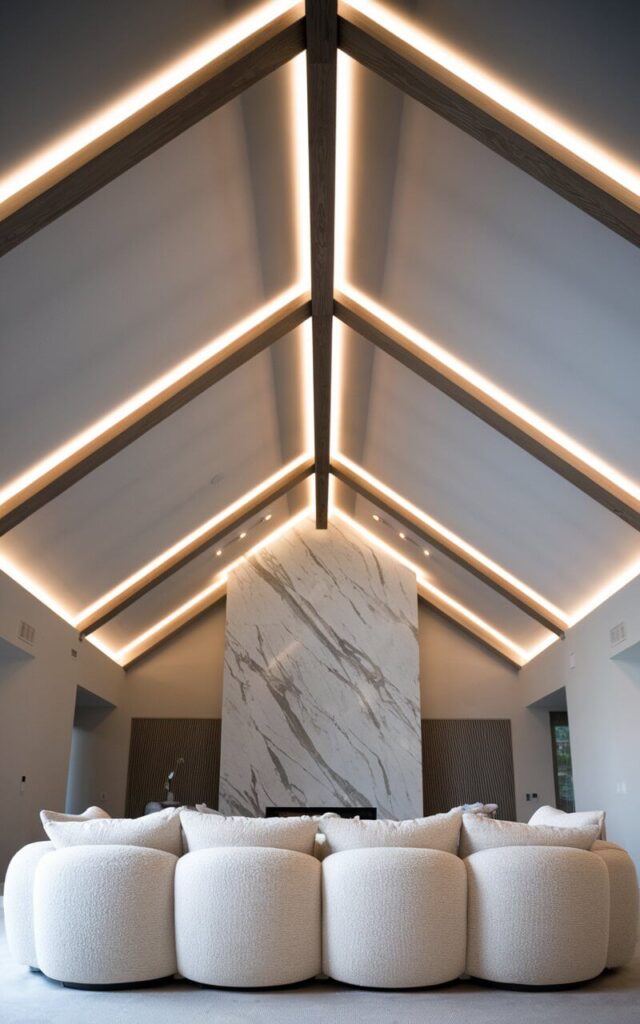 A photo of a modern living room with a vaulted ceiling. The room is illuminated by soft LED strip lighting embedded along wooden beams. The lighting creates a serene, ambient atmosphere. Below the beams, there is a cozy sofa in cloud-like white upholstery. The sofa offers ultimate relaxation. In the background, a marble fireplace extends to the ceiling, complementing the sleek and stylish lighting effect.