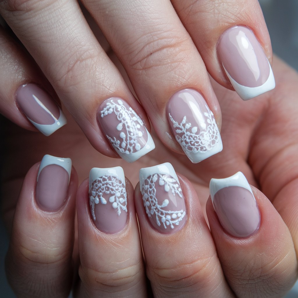 A close-up photo of a woman's hand with five fingers. Each finger is adorned with milky French nails featuring delicate lace-inspired nail art. The nail art consists of intricate white lace patterns, resembling fine embroidery, painted over a sheer pink base and soft white tips. The nails have a glossy topcoat, and the overall manicure is well-maintained.