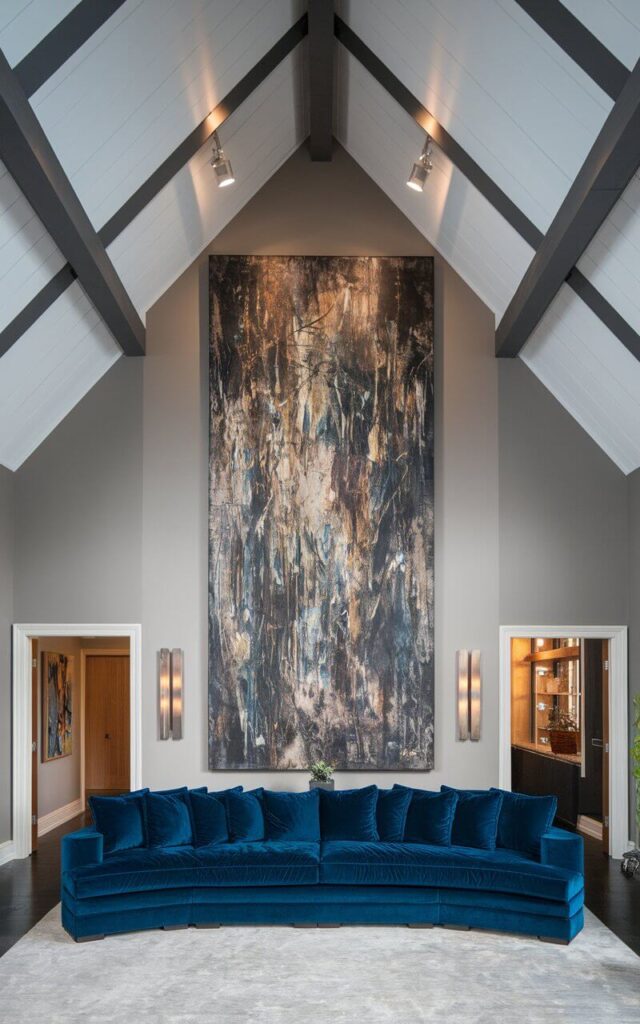 A photo of a living room with a vaulted ceiling. There's an oversized abstract painting mounted on the tall walls, drawing the eye upward. The high ceiling provides the perfect backdrop for the statement artwork, making the space feel curated and artistic. A very cozy sofa in deep blue velvet anchors the room. Modern lighting fixtures highlight the painting's intricate details.