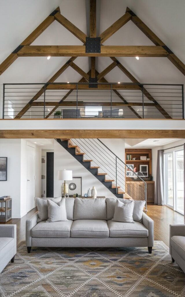 A photo of a modern vaulted ceiling living room with a stylish loft area above the main seating space. The loft, accessed by a sleek black metal staircase, utilizes the extra ceiling height efficiently. Below, a very cozy sofa in light gray sits atop a patterned rug, creating a cozy and relaxed setting. Wooden beams and industrial touches give the space a perfect blend of warmth and contemporary flair.