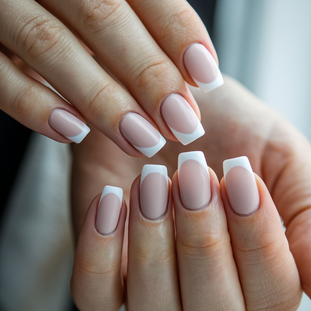 A close-up photo of a woman's hand with five fingers adorned with milky French nails featuring a velvety matte finish. The soft pink base seamlessly fades into muted white tips, creating a smooth and sophisticated look without the usual shine. The matte texture adds a modern and understated elegance. Her fingers are gently positioned to emphasize the soft, powdery effect of the matte topcoat. The natural lighting enhances the subtle contrast between the base and tips, while the blurred background keeps the focus on the nails. Her well-maintained cuticles and moisturized skin complete the polished aesthetic.