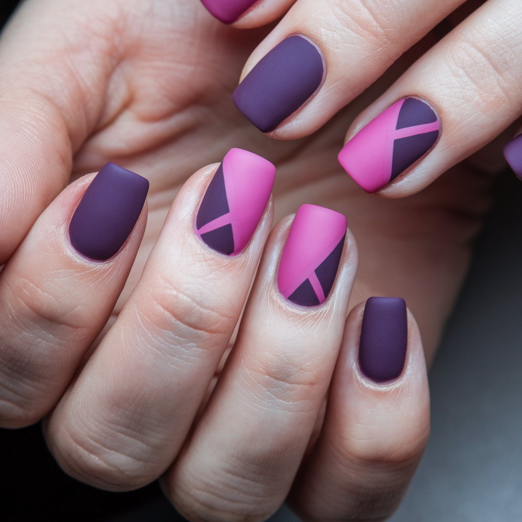 A close-up photo of a well-moisturized woman's hand with five fingers sporting a bold matte manicure. The nails feature a fuchsia and plum color block design, with sharp geometric contrasts between the two shades. The nails have a velvety matte finish that absorbs the natural background lighting beautifully. The squared-off nail shape complements the modern aesthetic, and the skin appears flawlessly smooth, enhancing the deep and vibrant tones of the purple and pink nails.