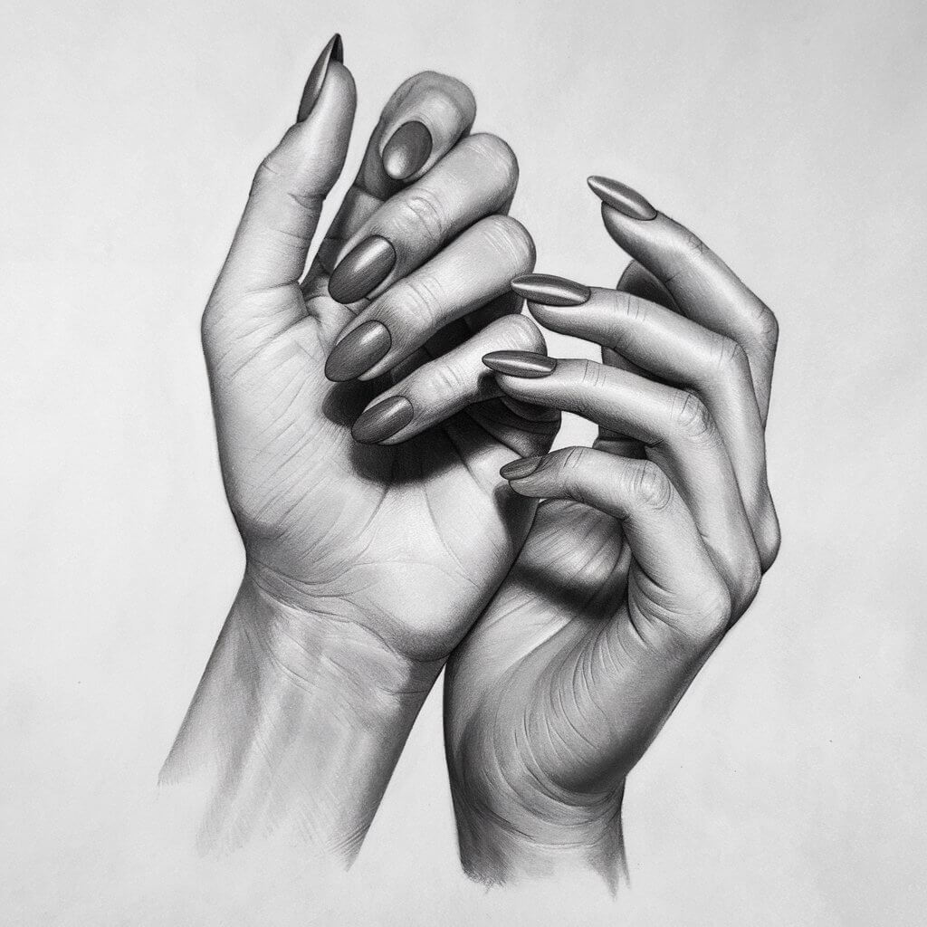 A pencil drawing of two elegantly positioned hands with well-defined, almond-shaped nails. The artist uses smooth shading techniques to create depth and dimension, emphasizing the natural curvature of the fingers. The nails are meticulously rendered with a sleek, polished look, though the contrast between matte and glossy finishes is subtle. Soft shadows and highlights add realism to the composition, making it a great study of nail structure and shading.