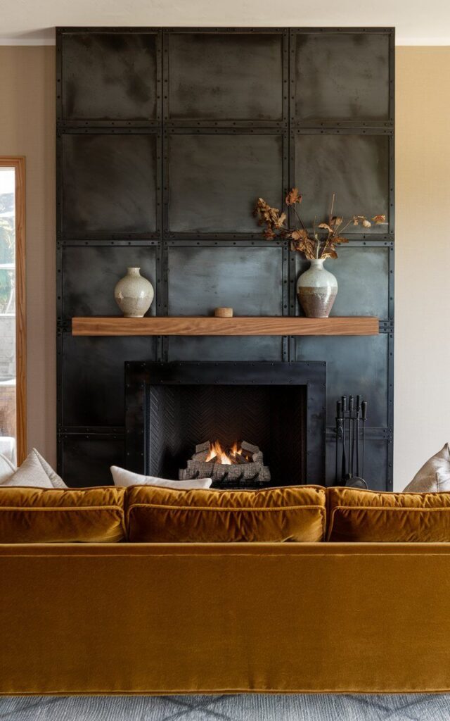 A photo of a living room with a sleek metal fireplace makeover. The black steel surround adds a bold, architectural presence, contrasting beautifully with the soft, neutral-toned walls. A streamlined wooden mantel breaks up the dark tones, holding two ceramic vases. Positioned in front of the fireplace, a cozy sofa with luxurious velvet upholstery offers the perfect spot to lounge while enjoying the fireplace's warm glow.