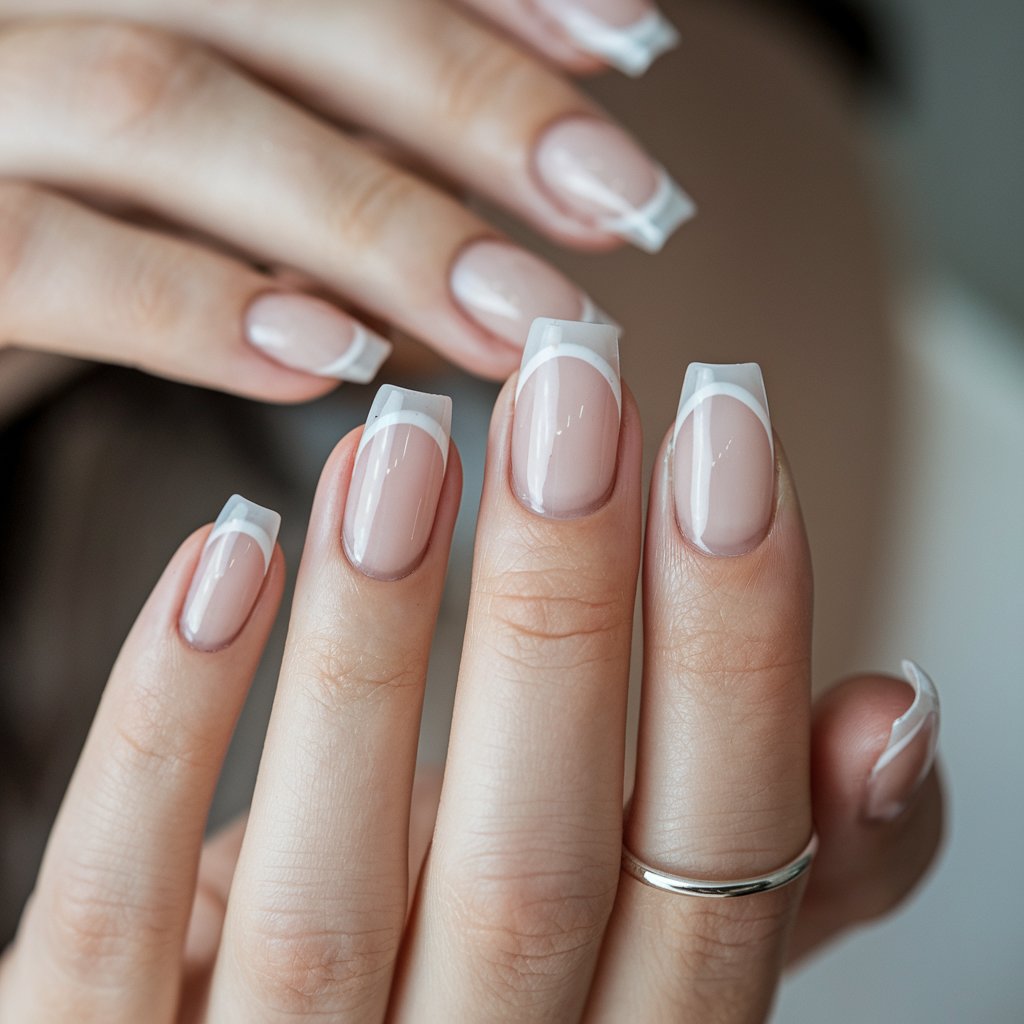 A close-up of a woman's hand with five fingers adorned with milky French nails featuring ultra-thin micro French tips. The soft pinkish-nude base is complemented by barely-there white tips, creating a minimalist and refined look with a glossy finish that catches the natural lighting. Her fingers are positioned elegantly to highlight the subtle precision of the micro tips. The blurred background enhances the clean and modern aesthetic of the manicure, while her perfectly maintained cuticles and moisturized skin add to the polished effect. A delicate silver band on her index finger adds a chic finishing touch.