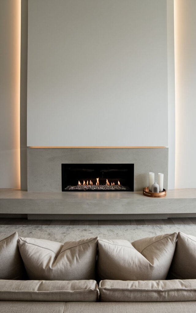 A refined living space with a sleek floating hearth fireplace makeover, bringing a minimalist, modern touch. The seamless concrete hearth extends outward without visible supports, creating a clean, weightless look. Above, a recessed gas fireplace flickers, radiating warmth. A cozy sofa in a soft, neutral fabric faces the fireplace, adorned with oversized cushions for ultimate relaxation. The subtle lighting and uncluttered design make this an inviting yet contemporary focal point.