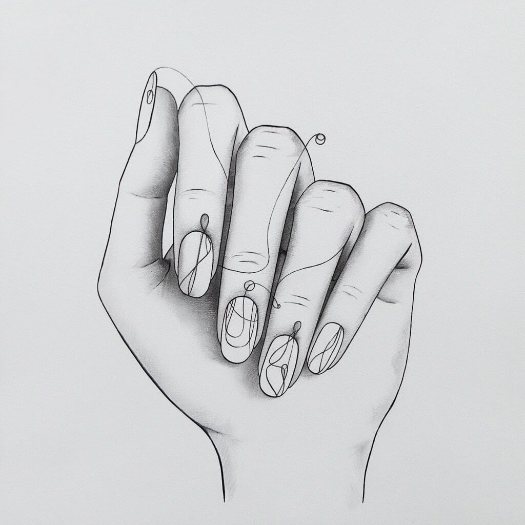 A realistic minimalist, plain white background pencil drawing illustration of a woman's hand with nails featuring abstract, clean line art designs. The nails are short and neatly rounded, with thin, fluid lines forming delicate patterns such as geometric shapes. The composition focuses on balance and symmetry, with soft shading subtly enhancing the contours. The fingers are elegantly positioned to highlight the simplicity of the design. Drawn in a simplistic style, the refined, understated details create a modern and sophisticated aesthetic against the plain white background.