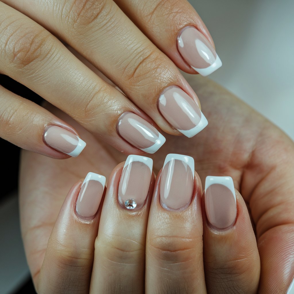 A close-up shot of a woman's hand with five fingers, each adorned with short milky French nails. The nails have a sheer nude base and soft white tips. The application is thin and delicate, maintaining a natural aesthetic. The hand is gently posed, allowing the light to reflect off the glossy finish. The skin is well-moisturized, and the cuticles are neatly trimmed. A small, single crystal is placed near the cuticle, adding a minimalist touch. The background is blurred, keeping the focus on the chic simplicity of the manicure.