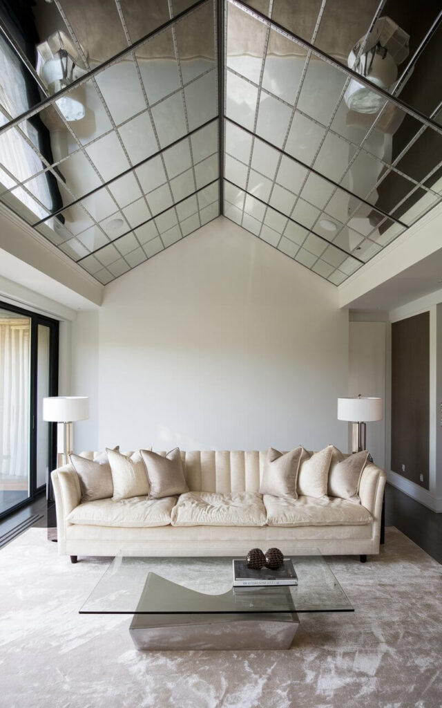 A contemporary living room with a vaulted ceiling and mirrored panels along the ceiling's surface to reflect light and enhance the sense of height. The mirrors create an airy, luminous effect that keeps the room bright. Below, a very cozy sofa in plush cream fabric sits beside a sleek, glass-top coffee table, maintaining the sophisticated and modern aesthetic.