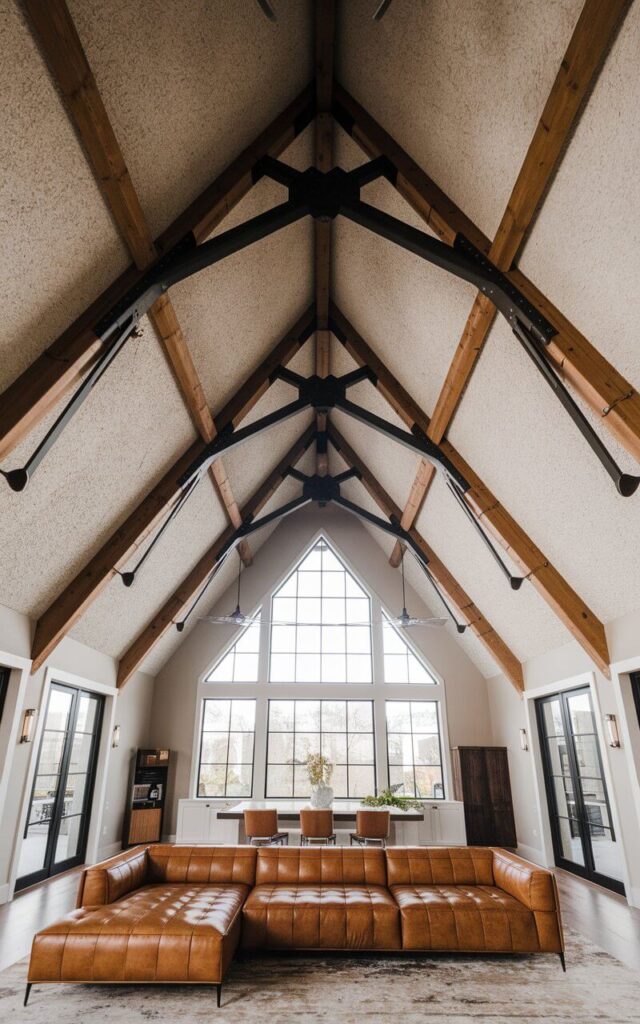 A photo of a unique vaulted ceiling living room with a mix of materials, including exposed wooden beams, sleek steel brackets, and a textured plaster finish. The room has a cozy caramel leather sofa in the center. The room also has large windows that allow natural light to illuminate the ceiling's striking contrast.