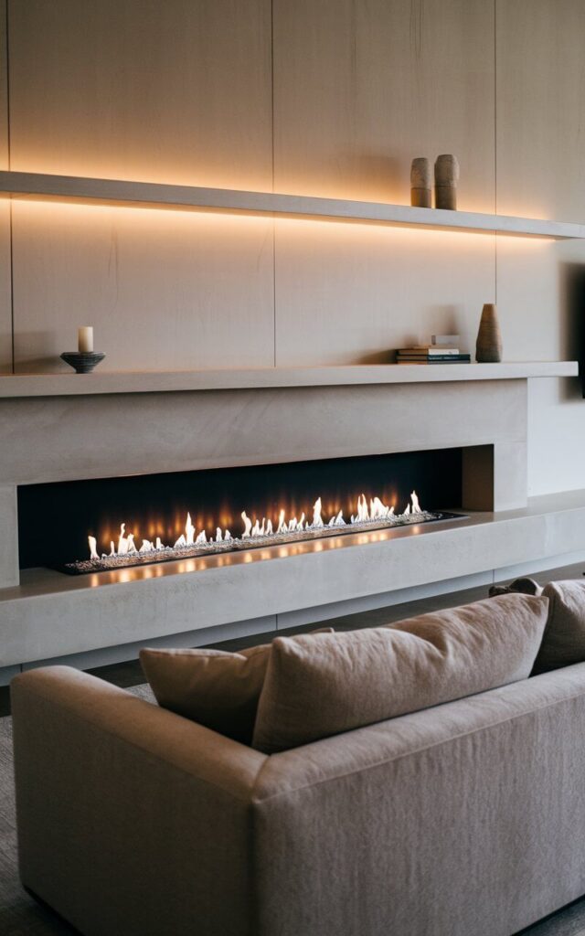 A photo of a living room with a sleek linear gas fireplace. The fireplace is made of smooth concrete and stretches across the wall. Above the fireplace, there's a floating shelf with minimalist décor. There's a cozy sofa in a neutral gray fabric facing the fireplace. The room has clean lines and warm lighting.