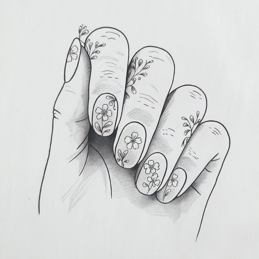 A minimalist, plain white background pencil drawing illustration of nails decorated with delicate floral patterns. The nails are naturally shaped, with soft, curved edges. Tiny, hand-drawn flowers adorn the surface, each petal outlined with precision. Light shading adds dimension, making the floral patterns appear seamlessly integrated with the nail. Fine details such as small leaves and swirling vines enhance the design. The fingers are subtly positioned to showcase the artwork fully. Drawn in a simplistic style, this charming illustration emphasizes the grace and intricacy of floral nail art in an elegant, minimalistic way.