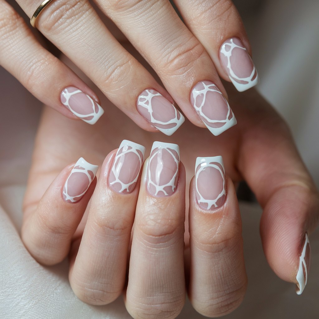 A photo of a woman's hand with five fingers. Each finger has a milky French nail with a negative space design. The design features delicate cut-out patterns, such as geometric shapes. These patterns reveal glimpses of the natural nail beneath the creamy white tips, creating a striking contrast. The woman's fingers are gracefully positioned to showcase the intricate design elements. The background is soft-focus, keeping attention on the manicure. The woman has well-manicured cuticles and smooth skin, enhancing the clean, modern aesthetic. A thin gold band is worn on her ring finger, subtly complementing the artistic design.