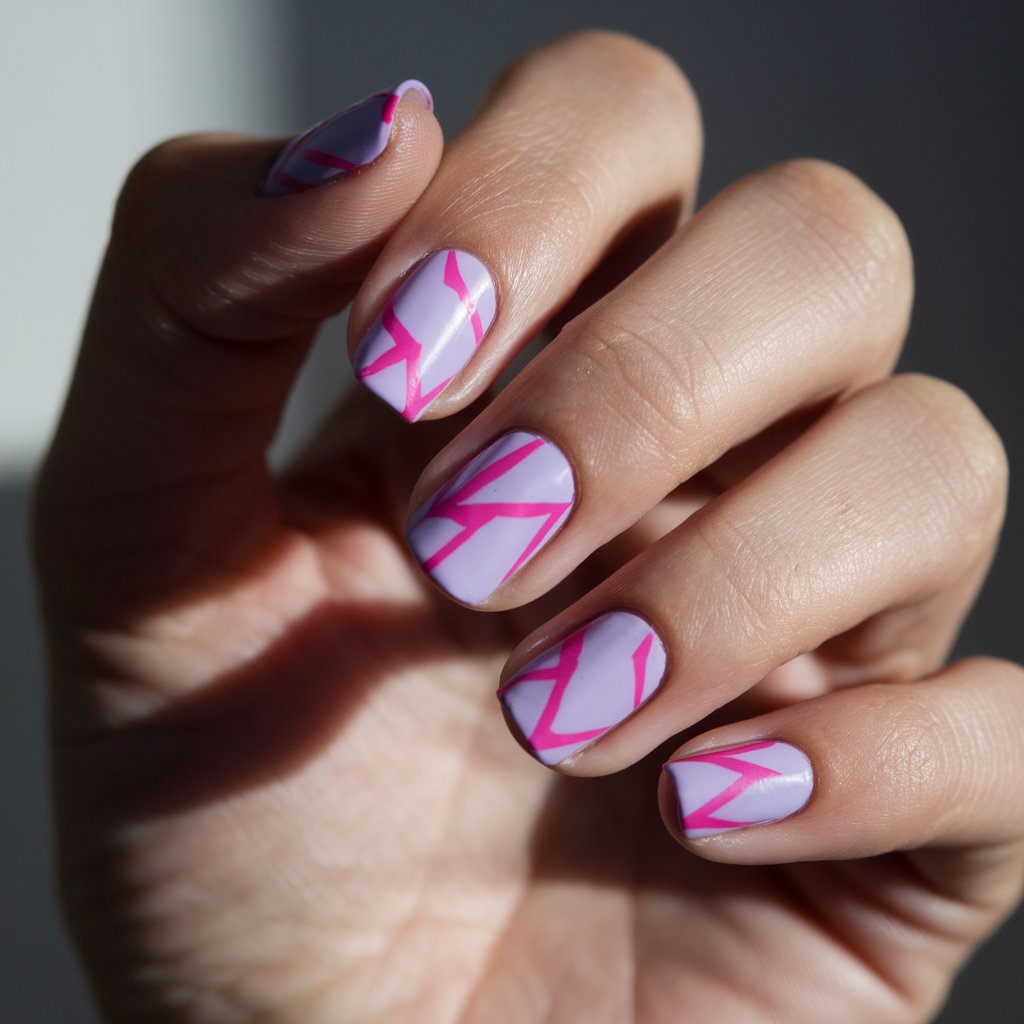 A photo of a close-up of a well-moisturized woman's hand with five fingers featuring a chic negative space manicure with hot pink and lavender geometric shapes. The sleek design contrasts beautifully against the natural background lighting, making the colors pop. The square-shaped nails add a modern edge, while the smooth, nourished skin keeps the look clean and sophisticated.