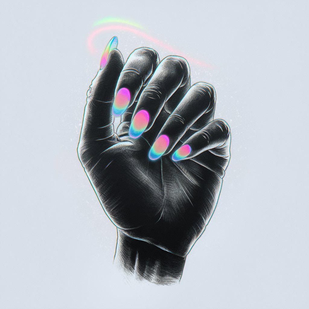 A minimalist pencil drawing illustration of a five-fingered woman's hand with neon glowing nails. The nails are gently curved and have a subtle gradient effect, with vibrant blues, pinks, and greens. There is a soft halo effect around the nails. The fingers are positioned dynamically. The background is plain white.