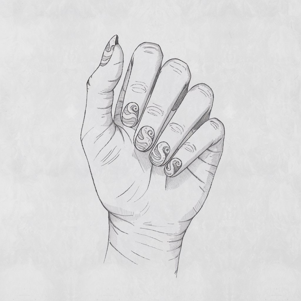 A minimalist, plain white background pencil drawing illustration of a five-fingered woman's hand with nails that have swirling ocean wave designs. The hand is relaxed, with the fingers slightly curved. The nails have a smooth surface, with the ocean wave patterns intricately etched into the nail beds. The hand and nails are drawn in a simplistic style, with delicate linework and smooth shading. The combination of the delicate linework and smooth shading creates a tranquil, ocean-inspired aesthetic against the plain white background.