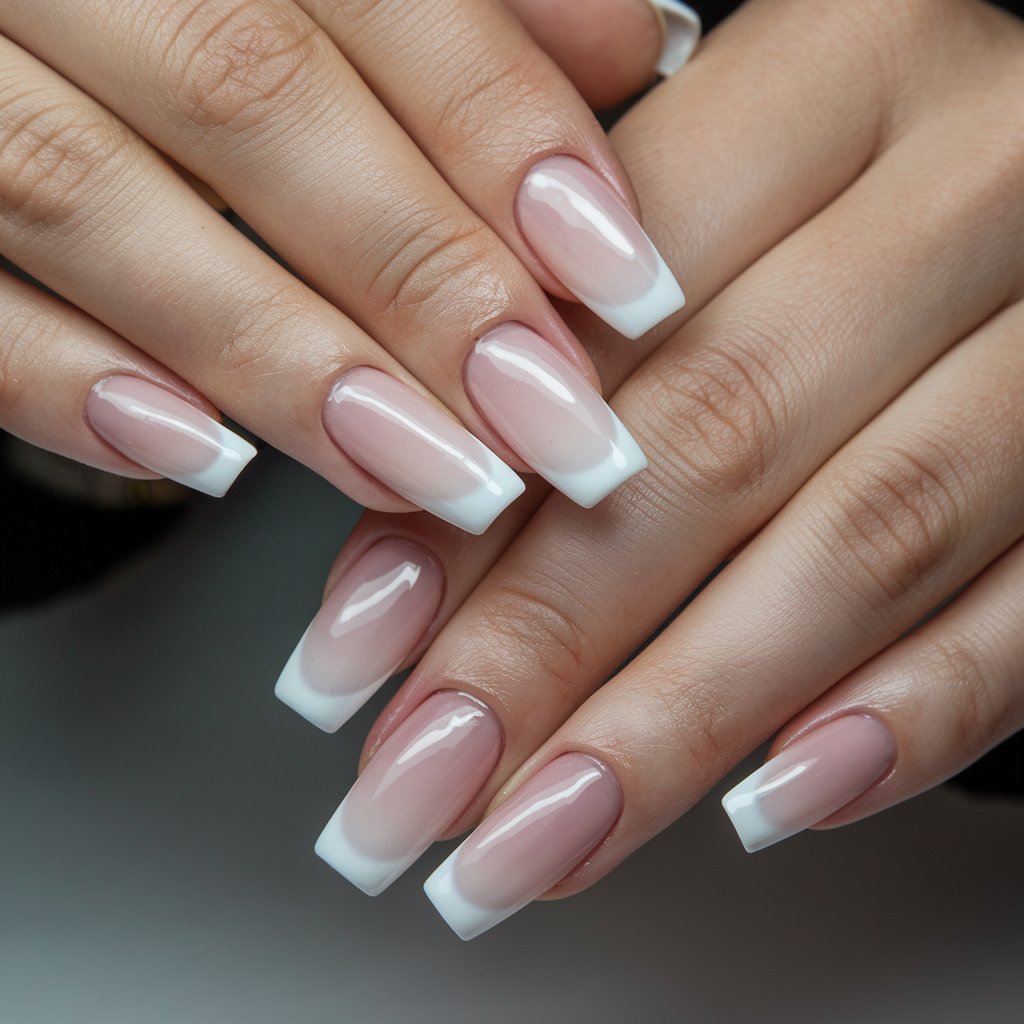 A close-up of a woman's hands displaying a flawless ombre French manicure with long, square-shaped acrylic nails. The nails feature a soft gradient effect, transitioning smoothly from a natural pink base to a crisp white tip, creating a subtle and elegant look. The nails have a high-gloss finish, reflecting light and enhancing their smooth appearance. The fingers are positioned in a slightly curled pose, showcasing the uniformity of the nails and their shape. The cuticles are neatly maintained, and the skin appears moisturized.