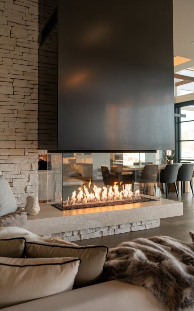 A photo of a modern open-concept living space with a double-sided fireplace. The glass-enclosed firebox allows visibility from both sides, seamlessly connecting the living and dining areas. A sleek black metal frame adds a modern touch, while a textured stone surround provides warmth. A very cozy sofa with low-profile seating faces the fireplace, adorned with soft cushions and a fur throw. The ambient glow of the flames enhances the sophisticated, inviting atmosphere.