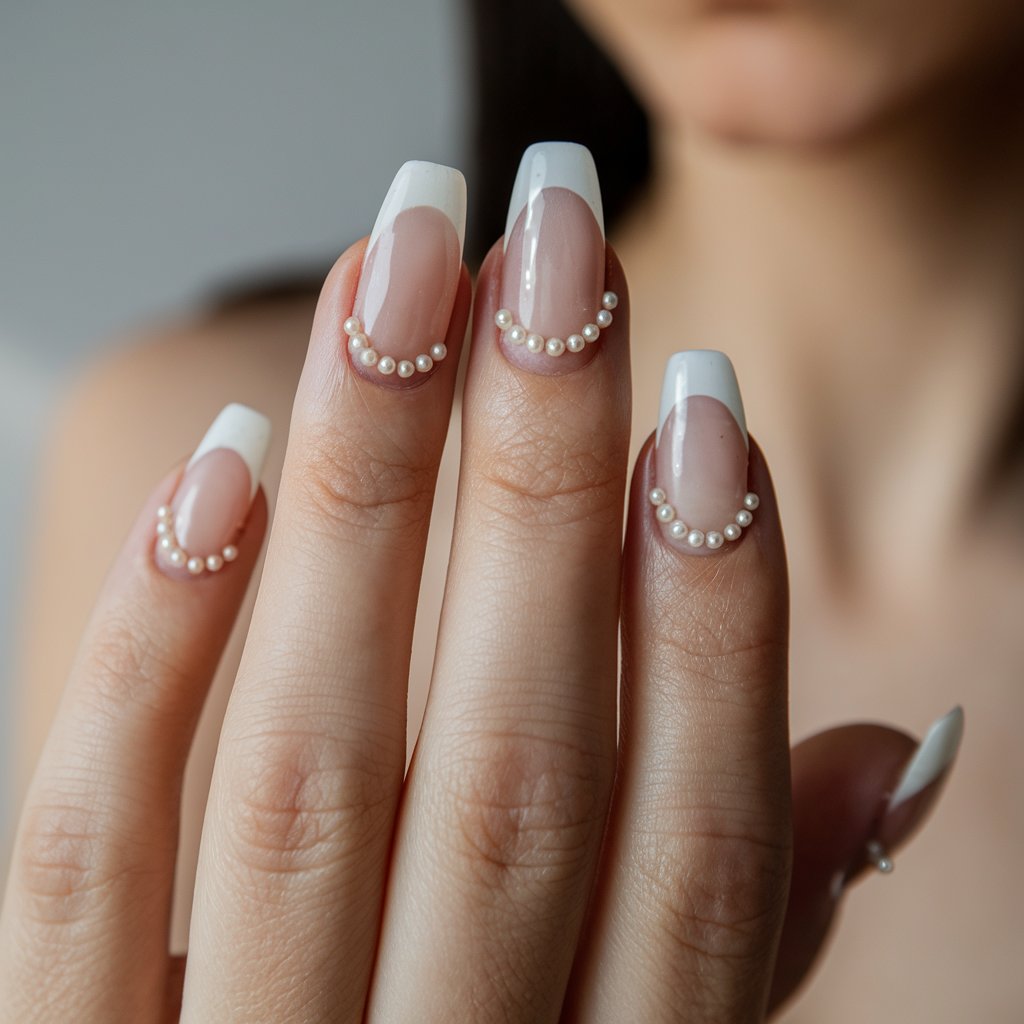 A close-up shot of a woman's hand with five fingers. Each finger has elegant milky French nails with tiny pearl embellishments near the cuticles. The creamy white tips contrast beautifully with the sheer nude base. The fingers are slightly fanned out, emphasizing the refined details of the manicure. The background is blurred and neutral. The lighting is natural and casts soft shadows, enhancing the dimensionality of the pearls. The woman's skin appears smooth, and her well-maintained cuticles complete the sophisticated look.