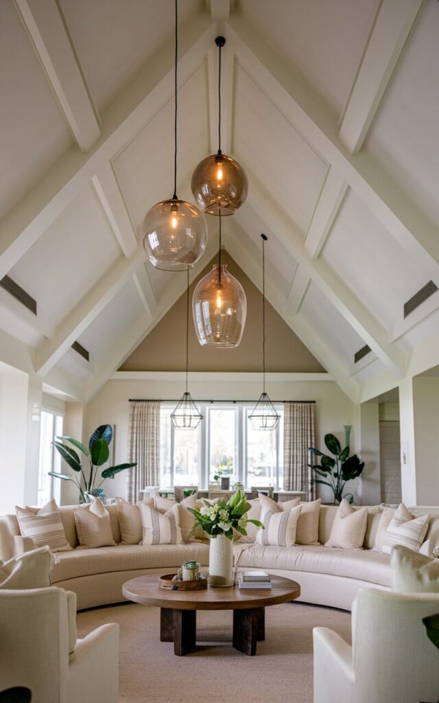 A photo of a stylish vaulted ceiling living room with a cozy beige sofa and a round wooden coffee table. Hanging at varying heights above the sofa are three oversized glass pendants, each with a warm light. The high ceilings are accentuated by the pendant lights and the vaulted design. The room has a light and airy color palette, with a few plants and a flower vase adding some greenery. The overall space feels welcoming and well-balanced.