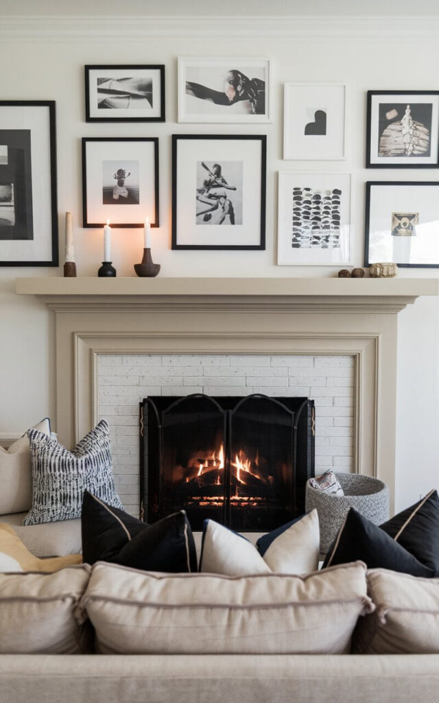 A beautifully curated fireplace gallery wall makeover transforms this living space into a personalized retreat. A collection of framed artwork, black-and-white photographs, and sculptural wall pieces surrounds the fireplace, creating a unique focal point. The neutral-toned mantel holds candles and small decorative accents. A very cozy sofa, styled with eclectic throw pillows, is positioned in front of the fireplace, adding comfort and character. The fire's glow highlights the rich details of the artwork, enhancing the cozy yet artistic vibe.