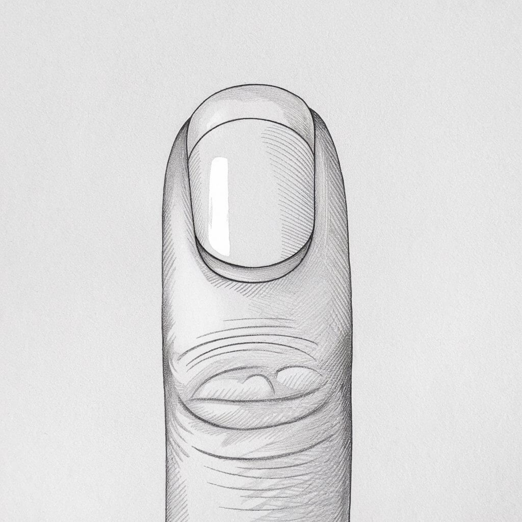 A minimalist, plain white background pencil drawing illustration of a natural fingernail in extreme close-up. The nail is meticulously outlined with smooth, curved edges, and subtle ridges running from the cuticle to the tip. Soft shading emphasizes the natural translucency of the nail, creating a realistic depth. The cuticle area is gently sketched, blending seamlessly into the surrounding skin, which features delicate contour lines to indicate the natural folds and creases of the finger. Drawn in a simplistic style, the illustration captures the organic texture and shape of an unpolished, healthy nail with precision and clarity.