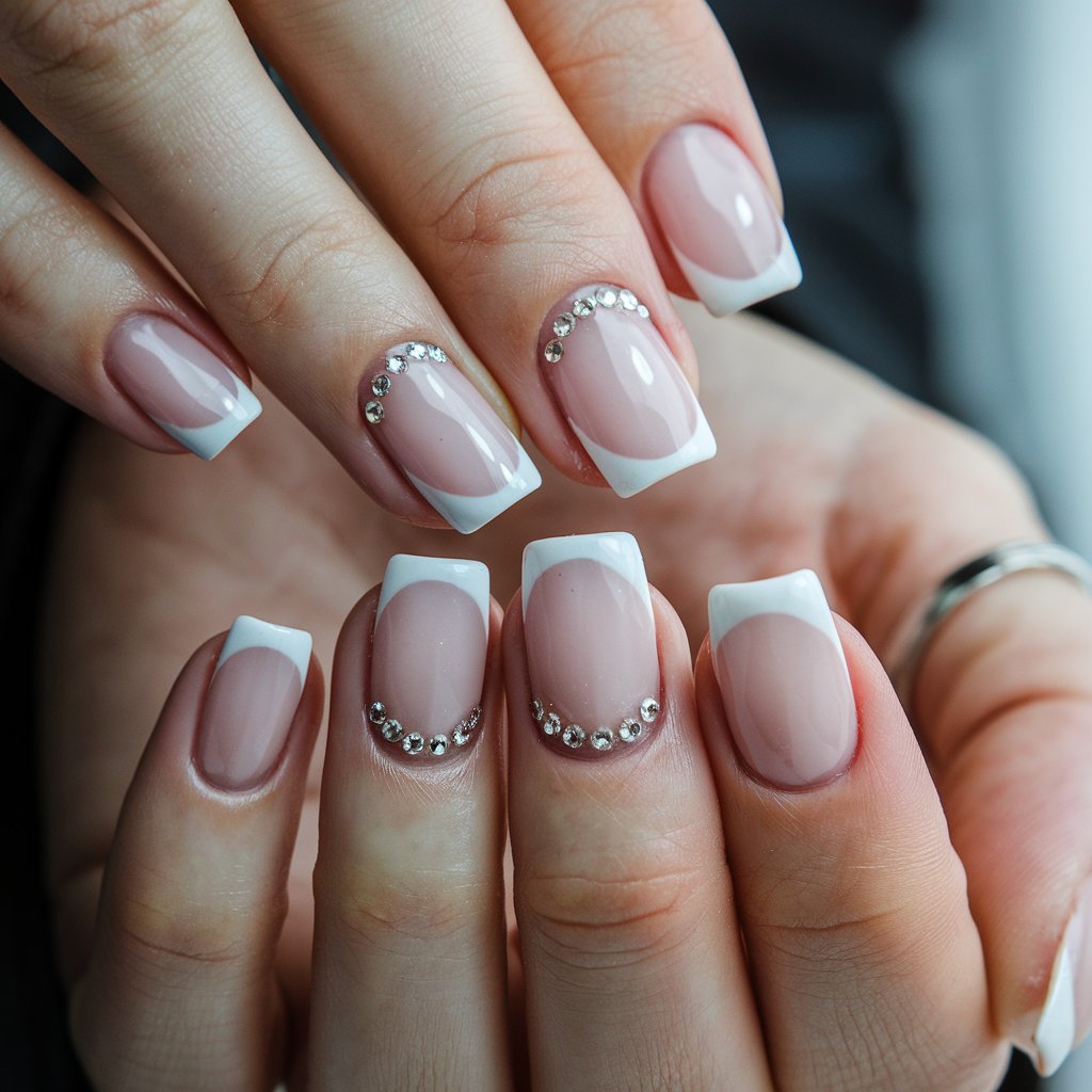 A close-up shot of a woman's hand with five fingers adorned with milky French nails. The nails have a sheer pink base that transitions flawlessly into soft white tips. There are tiny rhinestones at the cuticle of each nail. The nails catch the light, adding a touch of glamour. The woman's fingers are gently positioned to allow the rhinestones to sparkle under natural lighting. The background is blurred, keeping the focus on the manicure. The woman has pristine cuticles and smooth skin, enhancing the overall refined aesthetic. A thin silver band is worn on her index finger, subtly complementing the elegant nail art.