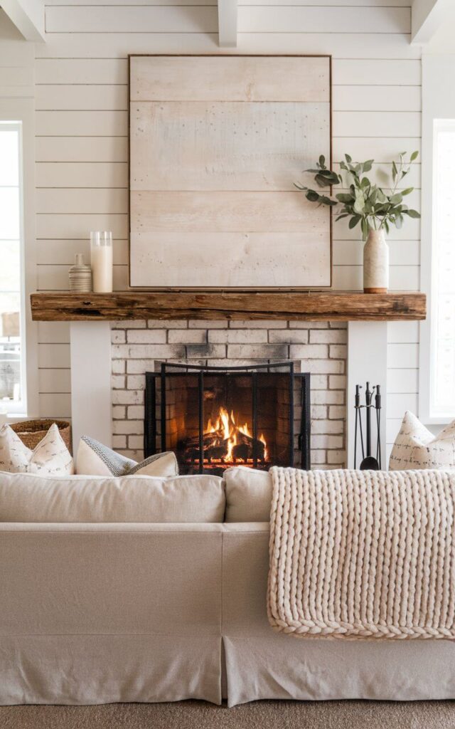 A photo of a cozy living space with a reclaimed wood beam fireplace makeover. The thick, weathered wood mantel adds warmth and character, contrasting beautifully with the crisp white shiplap surround. Above the mantel, a large artwork adds a vintage touch. A very cozy sofa, upholstered in soft linen, faces the fireplace, adorned with textured throw pillows and a chunky knit blanket. The flickering fire casts a golden glow, enhancing the inviting atmosphere.