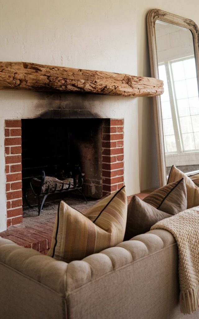 A fireplace with a chunky reclaimed wood mantel and a traditional brick hearth. The mantel is placed above the hearth. A large vintage mirror leans against the mantel. In front of the fire, a cozy sofa with deep, overstuffed cushions and a knit throw is placed. The overall scene exudes warmth and rustic charm.