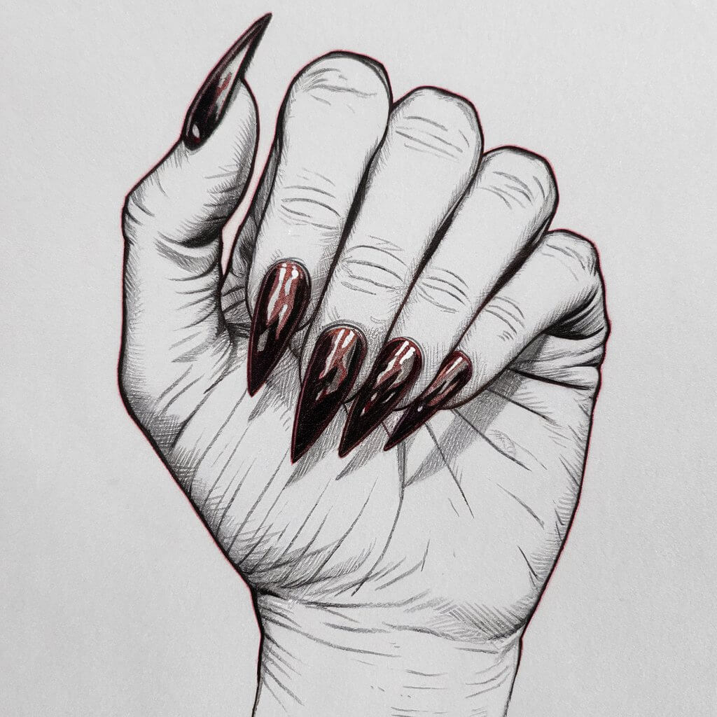 A pencil drawing of a woman's hand with ultra-pointed stiletto nails. The nails are long and sharp, tapering to fine tips. There is light deep red pencil shading along the nails, creating a reflective illusion. The fingers are slightly curled. The hand is drawn in a simplistic style.