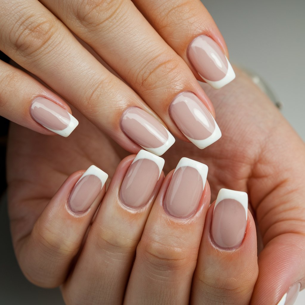 A close-up shot of a woman's hand with five fingers adorned with milky French nails. The nails have a soft, sheer pink base and creamy white tips. The high-gloss topcoat gives the nails a smooth, polished appearance. The hand is positioned gracefully, with fingers slightly curved. The background is blurred and neutral. The nails take center stage. The cuticles are well-groomed, and the skin is healthy-looking.