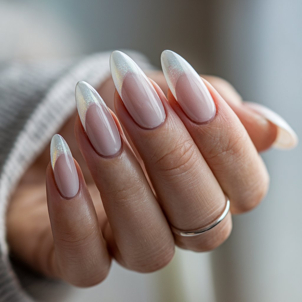 A close-up shot of a woman's hand with almond-shaped milky French nails. The nails have a translucent pink base that flows into creamy white tips, with a fine dusting of iridescent shimmer catching the light. The glossy topcoat enhances the elegant, ethereal glow. Set against a softly blurred background, the natural lighting highlights the subtle sparkle and the well-maintained cuticles. The woman's fingers are slightly curled, showing off the shimmer from different angles. A silver band on her ring finger adds a minimalist yet chic touch.