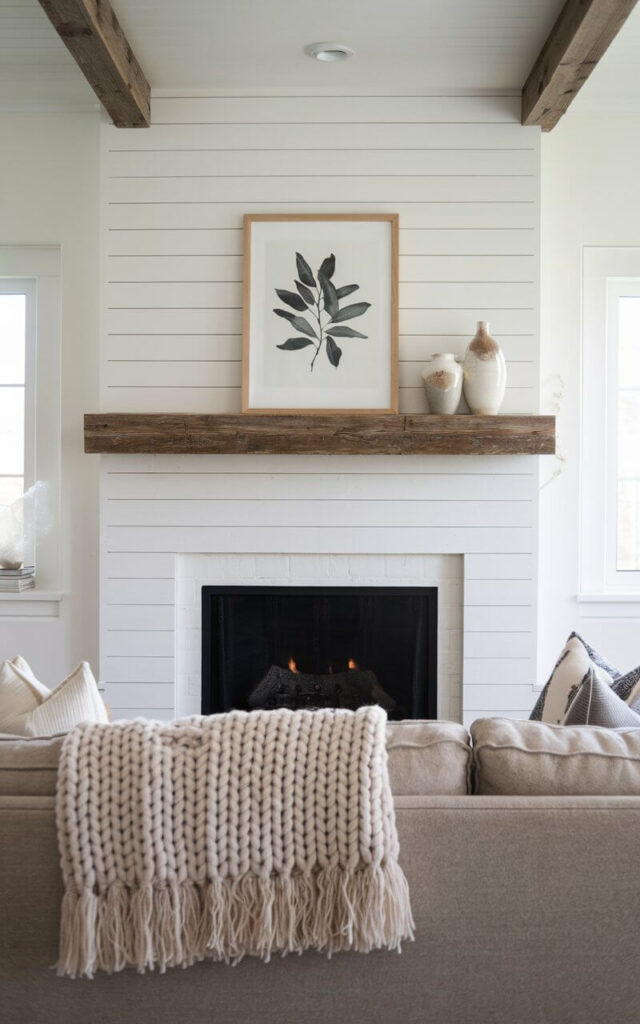 A photo of a modern farmhouse-style living room with a shiplap fireplace makeover as the focal point. The white shiplap panels extend from the mantel to the ceiling, adding texture and brightness. A rustic wooden mantel holds a minimalist framed botanical print and two ceramic vases. A cozy sofa, draped with a chunky knit throw, faces the fireplace. Soft lighting enhances the room's relaxed ambiance.