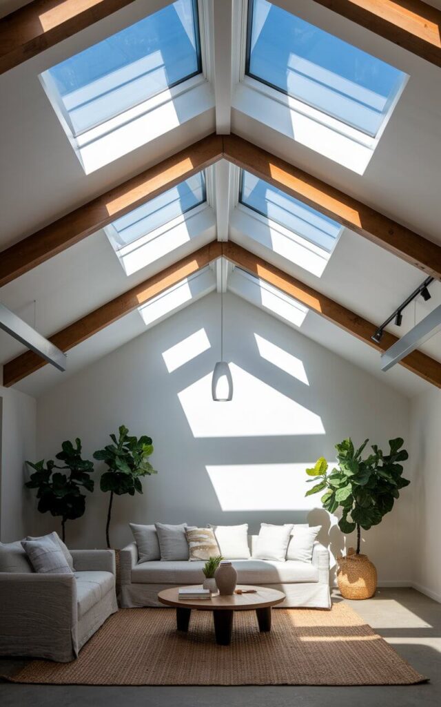 A photo of a modern living room with a vaulted ceiling and multiple skylights. The room is illuminated by the natural light flooding in through the skylights. The white-painted ceiling contrasts beautifully with the exposed wooden beams, adding depth and character. A cozy sofa in light gray fabric and a round wooden coffee table sit atop a woven jute rug, enhancing the casual elegance. Potted fig trees add a fresh touch, while a minimalist pendant light fixture subtly complements the room's contemporary aesthetic. The skylights create dynamic shadows, enhancing the architectural beauty of the vaulted ceiling.