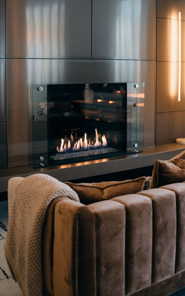 A living room with a contemporary glass fireplace screen. The fireplace has a frameless tempered glass panel that allows an unobstructed view of the warm, flickering flames. The room has a modern aesthetic, with a cozy sofa upholstered in plush velvet facing the fireplace. There is a soft knit throw draped over the sofa's arm. The room also features metallic accents and a softly glowing floor lamp.