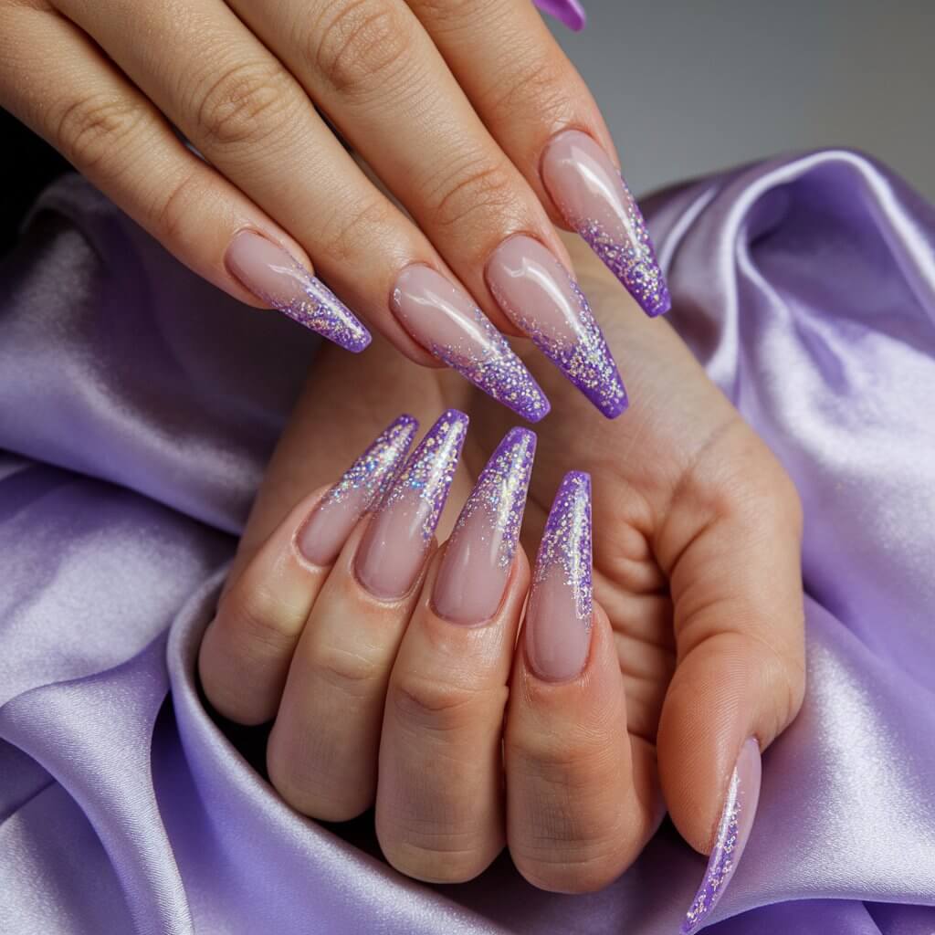 A close-up of a woman's hand with dramatic stiletto-shaped nails. The nails have a mesmerizing glitter-dipped design in pink and purple hues. The base of each nail starts with a soft pink shade that gradually deepens into a striking purple at the tips, with iridescent glitter cascading down for a sparkling effect. The hand is positioned gracefully, slightly curled, allowing the glitter to catch the natural lighting beautifully. The high-shine finish reflects light, making the sparkle appear even more dazzling. A silky lavender fabric drapes in the background, complementing the nail colors while maintaining an elegant aesthetic. The cuticles are perfectly groomed, and the nails are uniform in shape, enhancing the overall luxurious look.