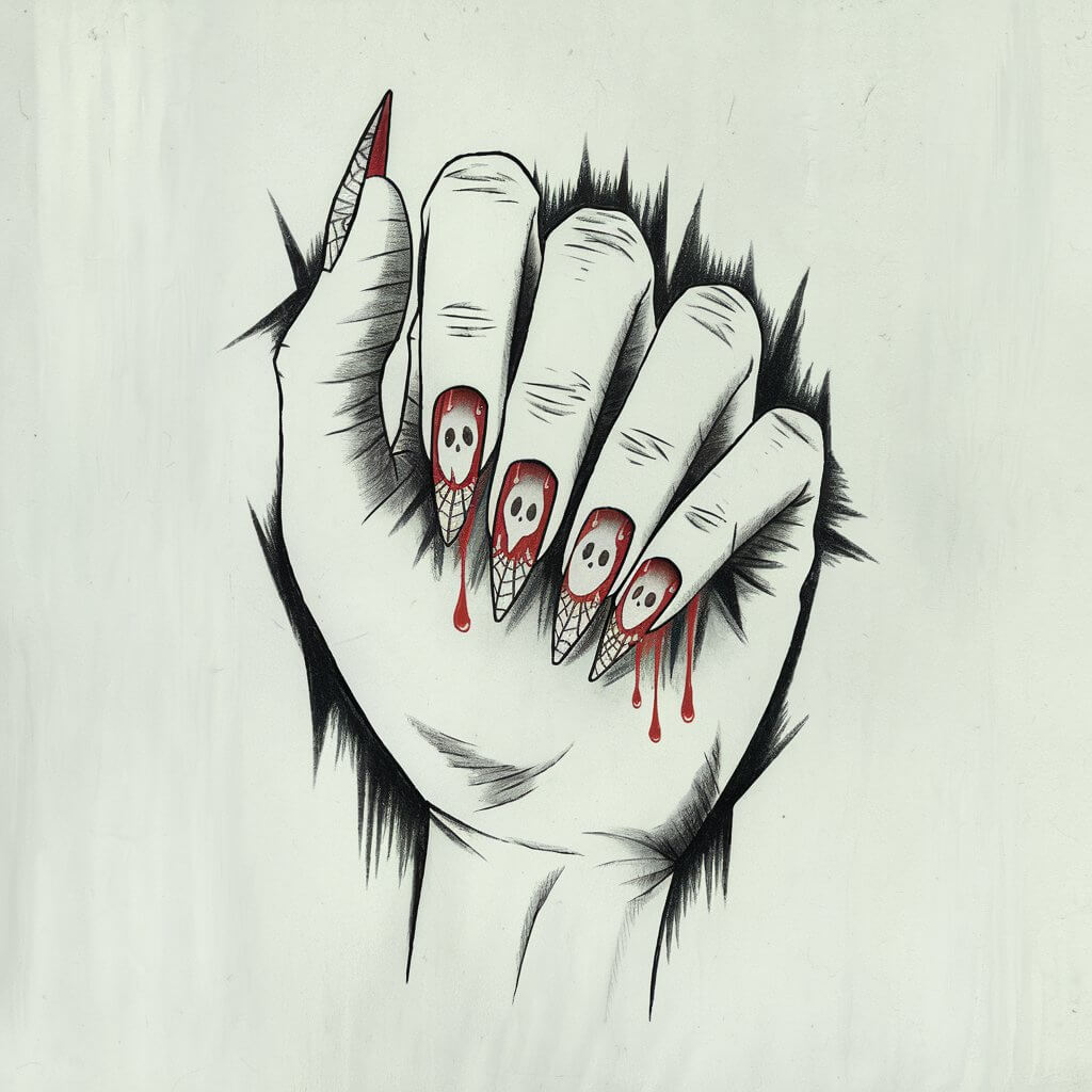 A minimalist, plain white background pencil drawing illustration of a five-fingered woman's hand with an eerie Halloween-themed nail art. The nails are sharp and slightly curved, featuring tiny spiderwebs, dripping colored red polish effects, and ghostly silhouettes. The background is white, and the shading is dark pencil shading. The fingers are slightly curled, adding a mysterious vibe to the overall composition. The illustration is drawn in a simplistic style, capturing the festive yet spooky essence of Halloween nail art in a minimal yet detailed manner.