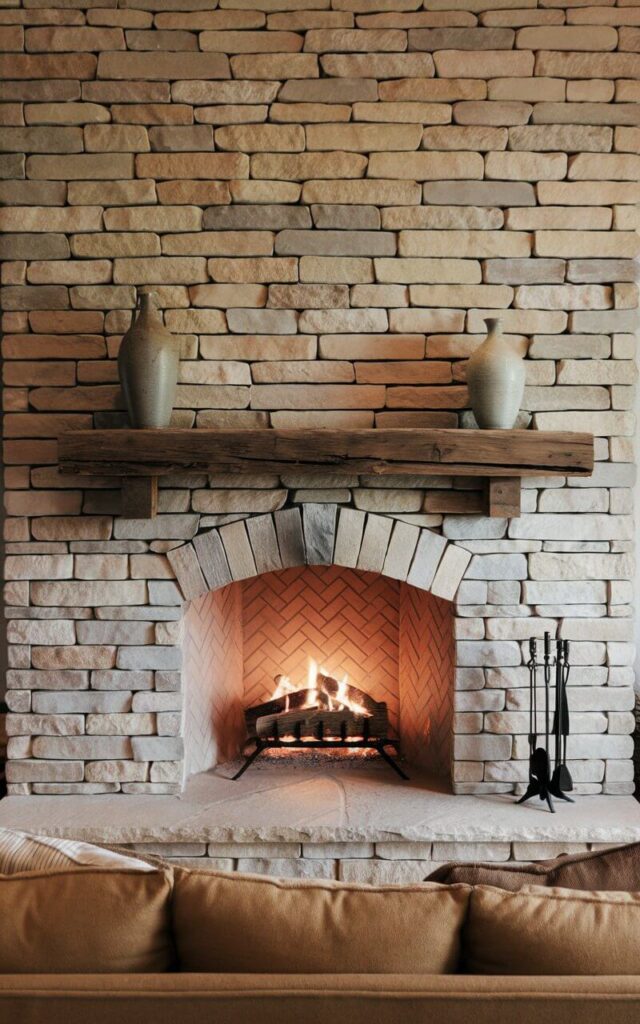 A photo of a cozy retreat with a stacked stone fireplace. The fireplace is made of natural stone in varying shades of beige and gray, extending from floor to ceiling. The rustic wooden mantel holds two vases. Positioned in front of the hearth, a cozy sofa in warm, neutral tones provides the perfect place to unwind. The flickering fire casts a golden glow over the entire room, enhancing its rustic charm.