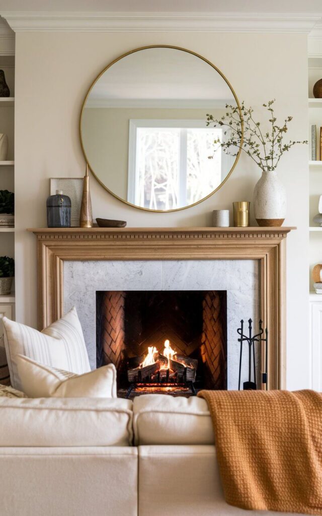 A photo of a stylish living room with a statement mirror fireplace makeover. The oversized, round mirror with a gold frame reflects natural light, adding depth and elegance to the space. The mantel above the fireplace houses decorative items. A cozy sofa in a rich, cream fabric faces the fireplace, accompanied by a woven throw and soft accent pillows. The crackling fire in the fireplace completes the warm and luxurious ambiance.