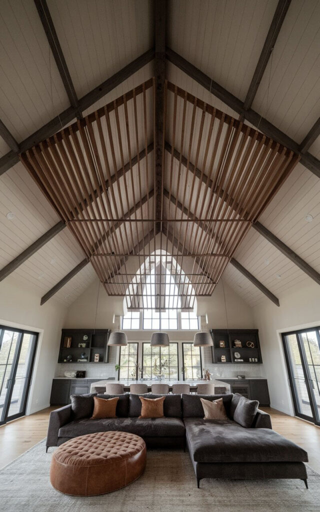 A photo of a unique vaulted ceiling living room with a suspended wooden panel that creates an intimate canopy effect. The floating element adds architectural depth and breaks up the vast ceiling expanse. Below, a very cozy sofa in soft charcoal fabric pairs with a round ottoman, creating a cozy seating arrangement. Hanging pendant lights enhance the floating effect, adding warmth and style.