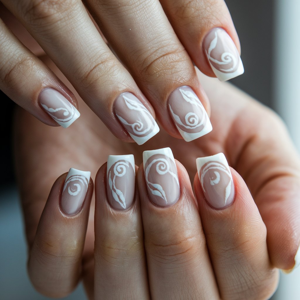 A close-up of a woman's hand displaying five fingers adorned with milky French nails featuring intricate white swirl designs. The swirls, carefully painted over the creamy white tips, add a soft, artistic touch to the classic manicure. Her fingers are gently fanned out to showcase the delicate detailing from various angles. The natural lighting highlights the glossy topcoat, making the swirls appear even more refined. The blurred background keeps attention on the nails, while her well-moisturized hands and neatly groomed cuticles enhance the overall polished look.