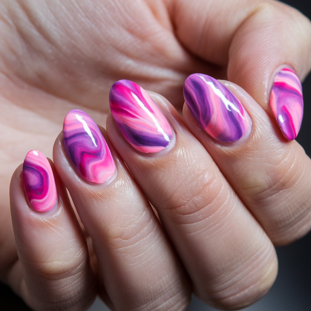 A close-up photo of a well-moisturized woman's hand with five oval-shaped nails. The nails feature a whimsical tie-dye-inspired design in vibrant pink and purple hues. The swirling colors blend effortlessly, creating a soft yet energetic effect. The glossy finish enhances the fluid design as it reflects natural background lighting. The smooth, moisturized skin adds to the polished look of the purple and pink nails.