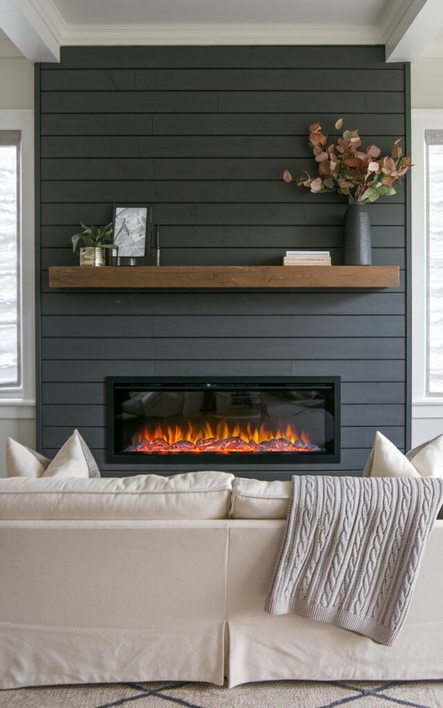 A photo of a stylish electric fireplace makeover in a once-traditional space. The sleek, glass-encased insert emits a realistic flame effect, and the surround is updated with dark gray shiplap for a modern twist. A cozy sofa in creamy white sits in front, with oversized cushions and a cable-knit throw adding softness. The flickering electric flames create a warm, inviting atmosphere without the mess of a traditional fireplace.