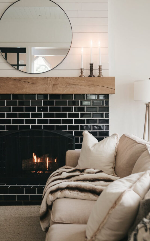 A medium shot of a living room with a two-tone fireplace makeover. The fireplace has a black tile surround and a crisp white wooden mantel. Above the mantel, a large round mirror reflects soft candlelight. A cozy beige sofa with plush cushions and a faux fur throw sits beside the fireplace. The flickering fire adds to the cozy ambiance of the room.