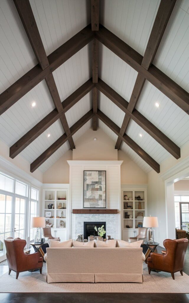 A photo of a living room with a striking vaulted ceiling. The ceiling has a two-tone treatment, with dark walnut beams and crisp white panels in between. The room features a cozy light beige sofa and a combination of leather and wooden accent chairs. The design has a balanced mix of contrast and cohesion, elevating the room's aesthetic.