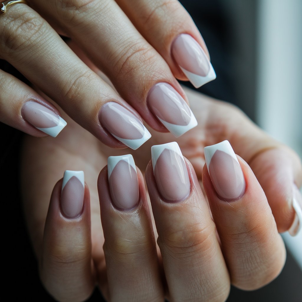 A close-up shot of a woman's hand with five fingers, each adorned with milky French nails featuring crisp V-shaped tips. The sharp, angular design adds a modern twist to the classic French manicure. The nails have a sheer pink base fading into clean, defined white edges. The glossy topcoat enhances the sleek and structured look. The fingers are gently fanned out to highlight the precise V-shape. There is a delicate gold ring on her middle finger. The background is blurred. The image is lit by natural light.