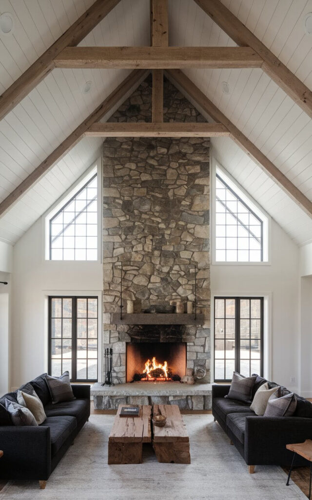 A photo of a living room with a breathtaking vaulted ceiling. The room features a floor-to-ceiling stone fireplace that becomes the focal point of the space. The rough stone texture contrasts beautifully with the smooth white ceiling and exposed wooden beams. A very cozy sofa in deep charcoal sits in front of the crackling fire, accompanied by a rustic wooden coffee table. Large windows frame the fireplace, enhancing the room's airy and spacious feel.