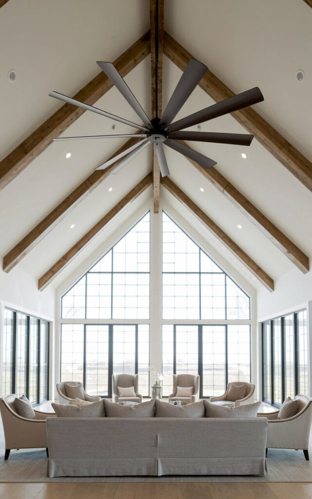 A photo of a living room with a vaulted ceiling. In the middle of the room, there is a large, modern ceiling fan with sleek wooden blades. The fan not only enhances airflow but also complements the exposed wooden beams that run across the ceiling. Below the fan, there is a very cozy sofa in soft gray fabric. The sofa is surrounded by neutral-toned accent chairs. Floor-to-ceiling windows bring in natural light, maintaining a bright and breezy atmosphere.