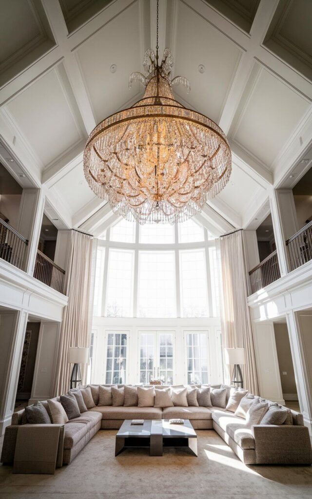 A grand vaulted ceiling living room with an oversized crystal chandelier hanging from the ceiling. The chandelier is casting a warm glow across the space. Beneath the chandelier, a very cozy couch in soft, neutral fabric sits alongside a sleek coffee table. The high ceiling, framed by elegant white paneling, enhances the luxurious feel. Natural light streams through tall windows, making the space feel airy and bright.