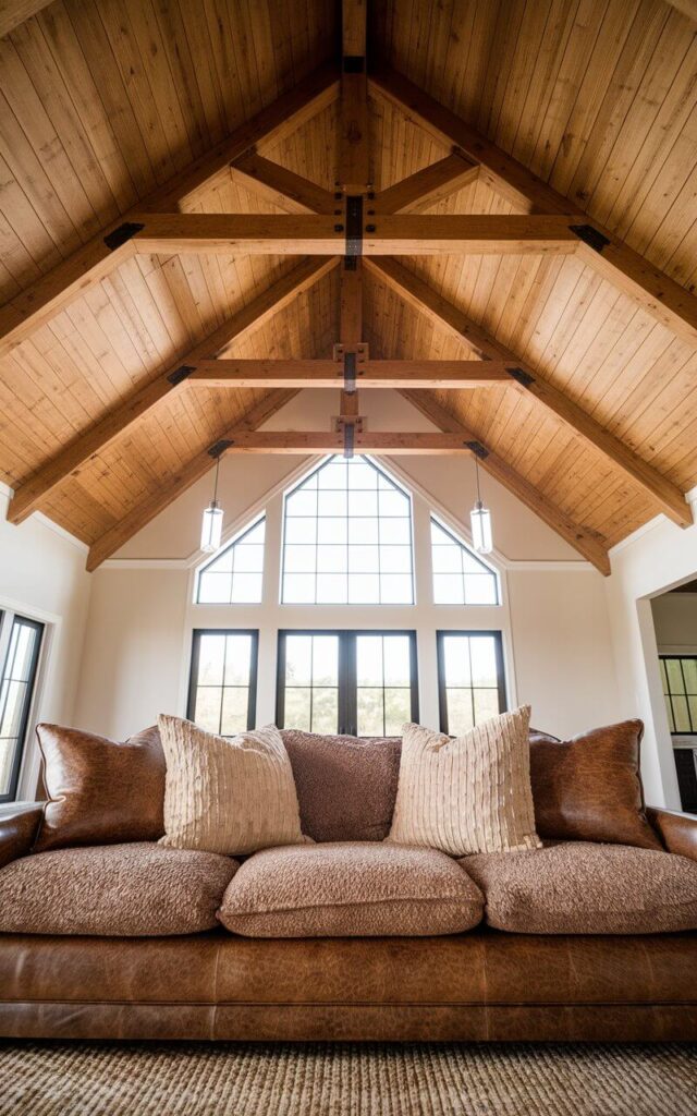 A photo of a living room with a stunning vaulted ceiling. The ceiling has exposed wooden beams in a warm oak finish, adding a rustic charm to the space. Below the ceiling, there is a cozy couch with plush, textured cushions. The couch sits atop a woven area rug, creating a welcoming atmosphere. Large windows let in natural light, highlighting the ceiling's impressive height and architectural depth.